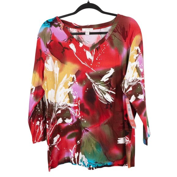 erin Tops - Boho Abstract Shirt XL Bright VNeck Red Yellow Stretch Fairy Festival Whimsy
